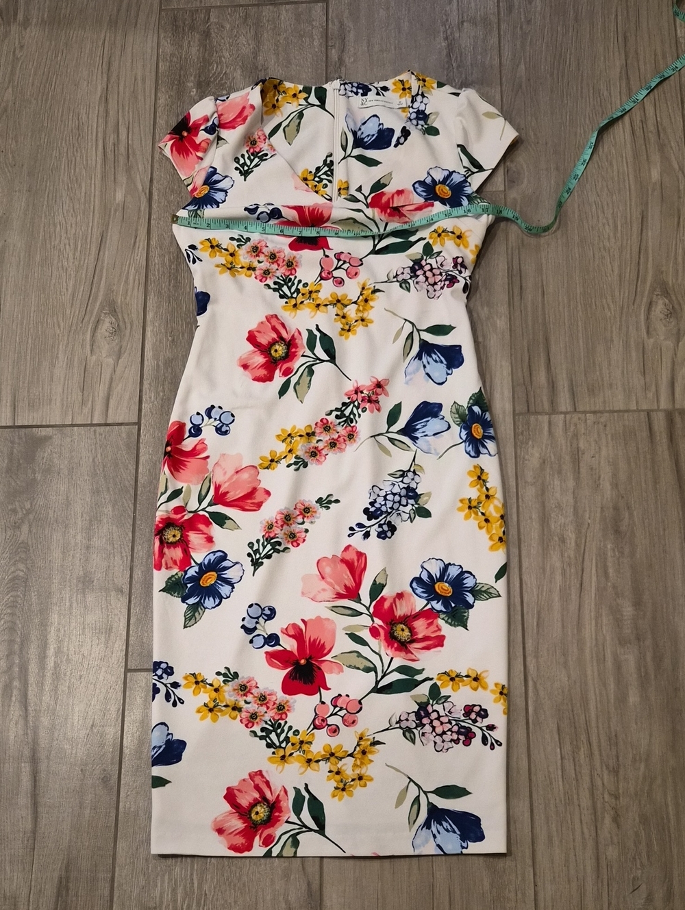 New York & Company White Floral Midi Dress with Pink, Blue & Yellow Blooms